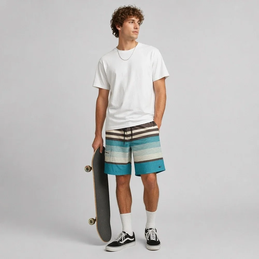 ONeill Mens Striped Board Shorts Blue Grey Size 31 Swim Trunks Cargo Pocket
